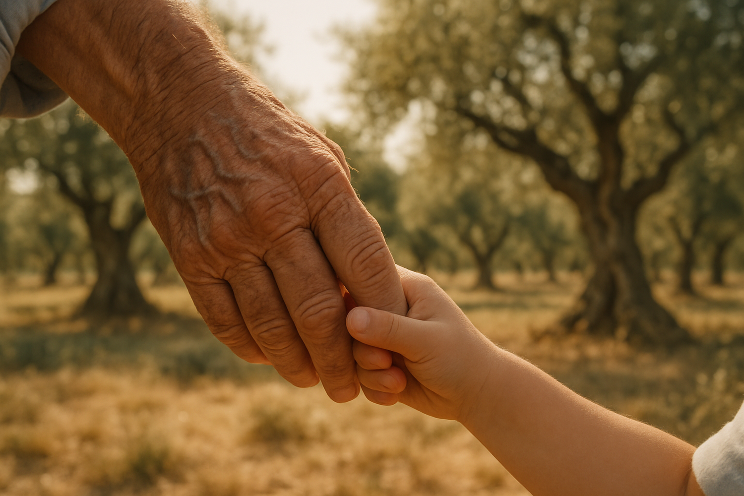 la mano de un abuelo cogiendo la mano de su nieto con un olivar tradicional de fondo