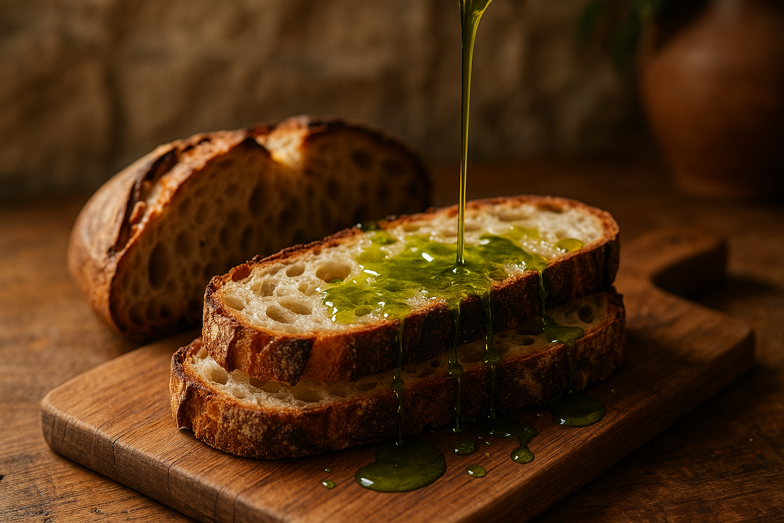 rodajas de pan de hogaza rociándose de aceite verde